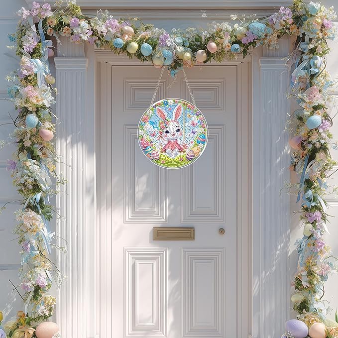 Glass Diamond Art Kit Hanging Ornament, DIY Stained Glass Diamonds Painting Hanging Board Kit, Crystal Diamond Art Painting Easter Pendant Full Drill (Swing Bunny)