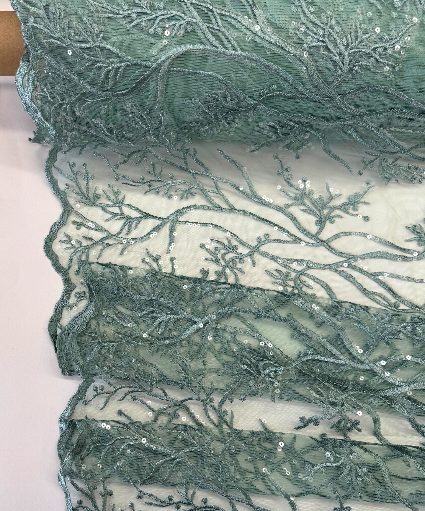 Mint Sequin Embroidered Lace Fabric by the Yard, 54" Wide Floral Mesh Lace with Double Scalloped Edges