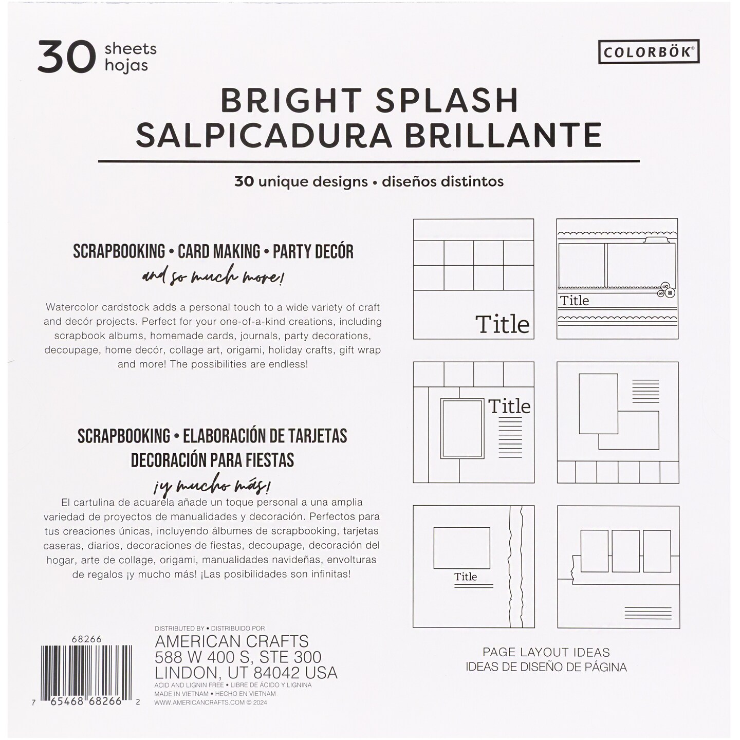 Colorbok 78lb Single-Sided Printed Cardstock 12"X12" 30/Pkg-Watercolor Bright Splash, 15 Des/2 Each