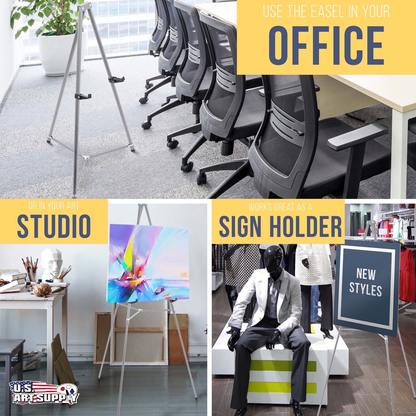 66" High Gallery Silver Metal Display Easel (4 Pack) - Large Adjustable Height Portable Easel Stand, Sign Display, Holds 25 lbs - Floor & Tabletop Easels, Painting Stand