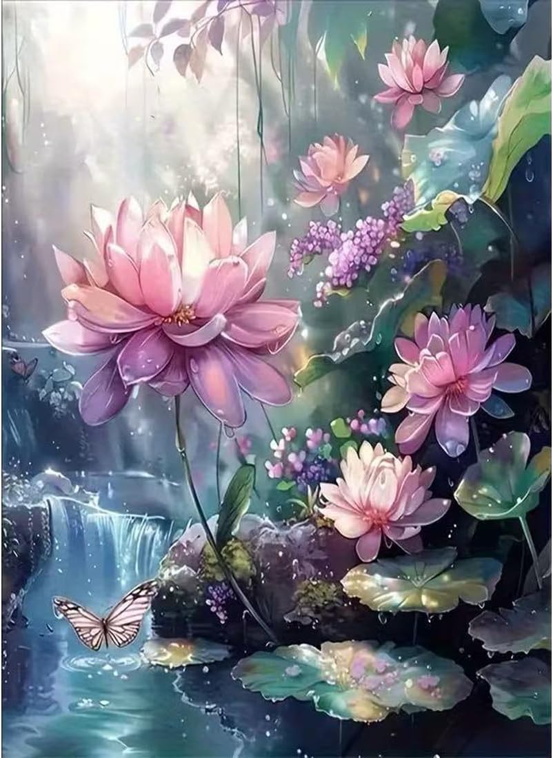 5D Diamond Art Kits for Adults,Lotus Flower Diamond Painting Kits for Beginners,DIY Full Drill Diamond Dots Scenery Paintings with Gem Art Crafts for Adulta Home Decor 12 x 16 inch
