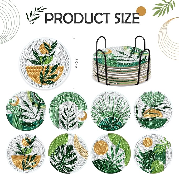 Boho Diamond Art Coasters - 8 Pcs DIY Green Plant Diamond Painting Coasters Kits with Holder for Drinks Coffee Aesthetic Gem Art Crafts Supplies Birthday Easter Gift for Beginners Adults