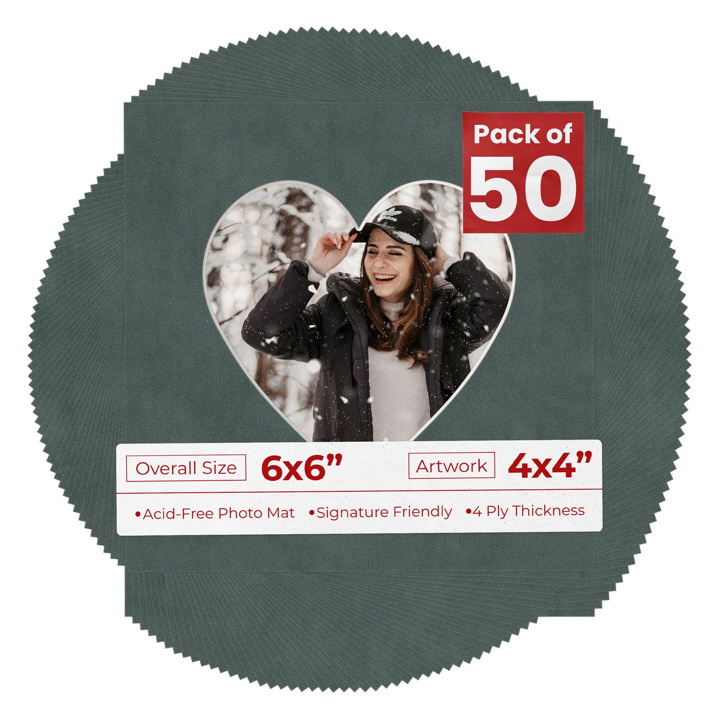 Dark Grey Suede Mat Board for 6x6 Frames - Heart Opening for 4x4 Photos