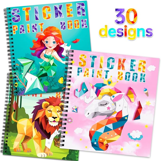 3PCS Sticker Paint Books for Kids Ages 4-10,Unicorn Mermaid Animals Designs Paint by Stickers,Sticker by Numbers,Party Birthday Gifts for Girls 4-10,Create 30 Pictures One Stickers at A Time