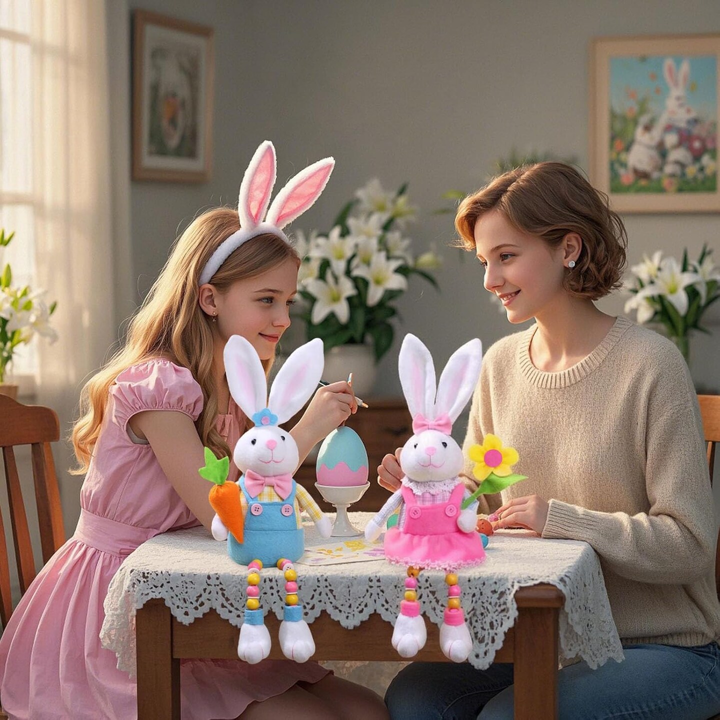 2Pcs Easter Bunny Plush Decorations Easter Bunny Stuffed Animal Cute Rabbit Plush Easter Basket Stuffers Gifts Party Decor Home Table Decorations