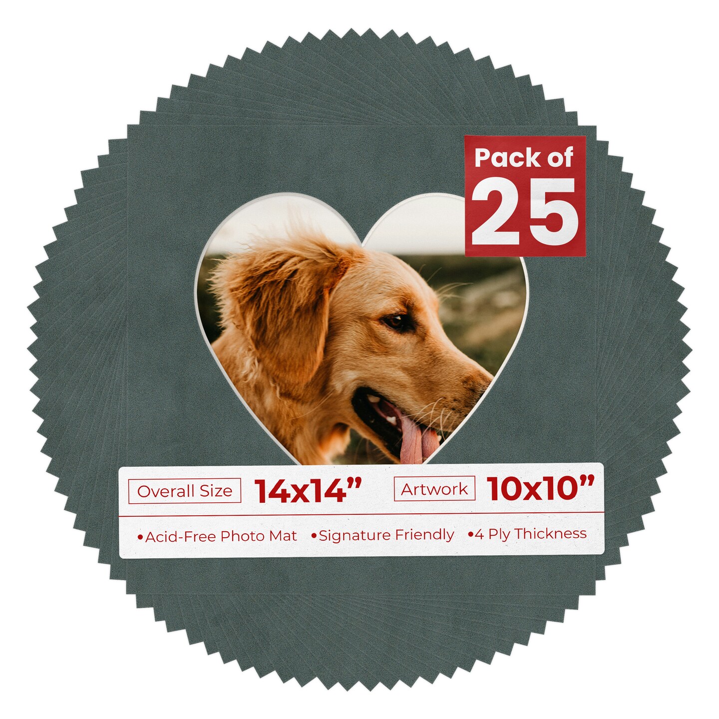 Dark Grey Suede Mat Board for 14x14 Frames - Heart Opening for 10x10 Photos