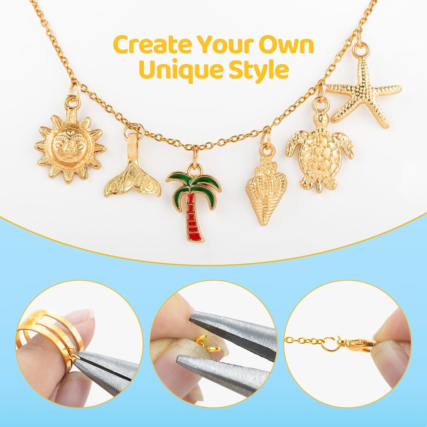 18K Gold-Plated Stainless Steel Jewelry Chain Kit – 6 Rolls (19.7ft Total) with 348 Charms, Jump Rings & Lobster Clasps | DIY Necklace & Bracelet Making Set