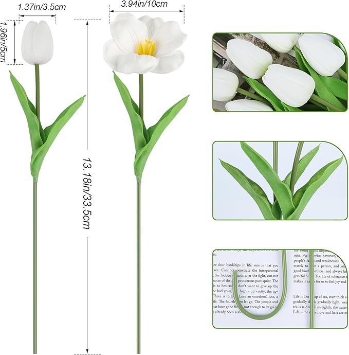 White Tulips Artificial Flowers 15 Pcs Fake Faux Tulips Real Touch Tulip Flowers with Stems Easter Spring Flowers for Arrangements Bouquet Wedding Mother's Day Home Centerpieces Table Decor