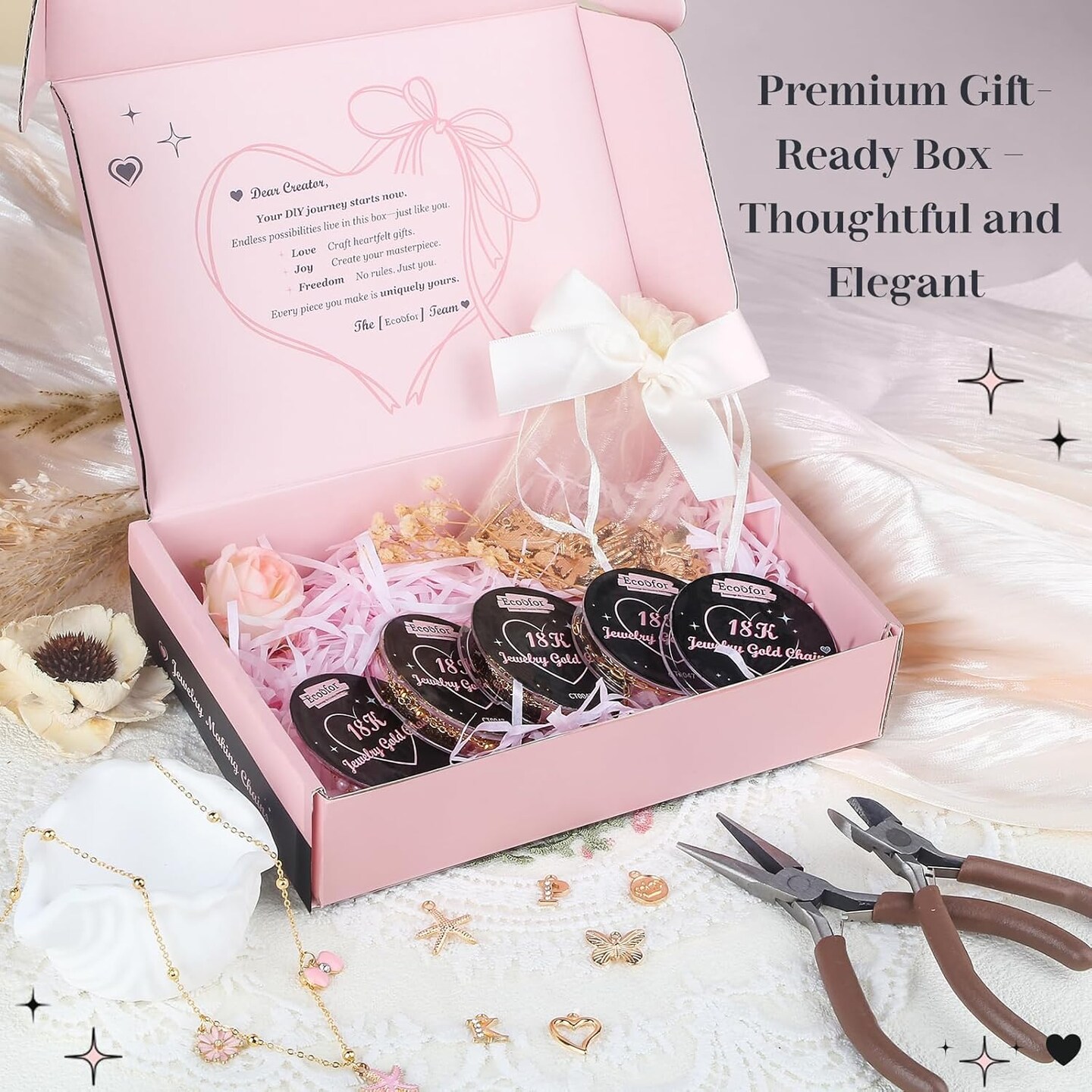 18K Gold Jewelry Making Kit with Gift Box – 16.6ft DIY Necklace & Bracelet Chains with 136 Pendants, Jump Rings, Lobster Clasps & Jewelry Pliers | Charm Making Kit for Adults