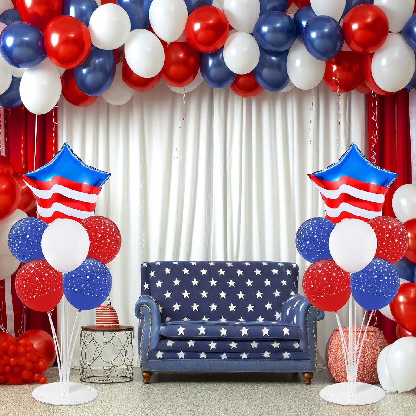 4th of July Table Balloon Stand Kit – 2 Sets with American Flag Star Foil Balloons