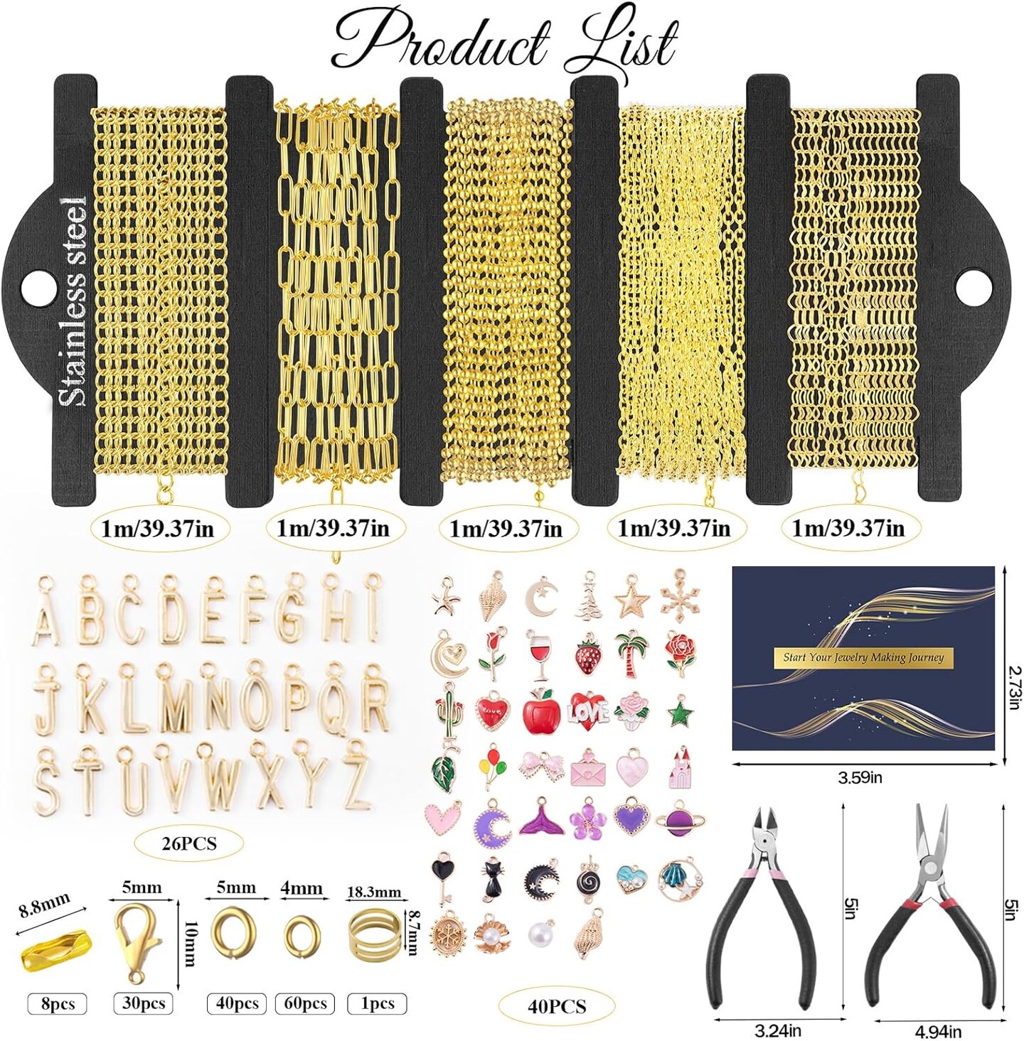 16.4 FT Gold Chain Jewelry Making Kit – Stainless Steel Necklace Chains with Jump Rings, Lobster Clasps, Charms & Pliers for DIY Jewelry