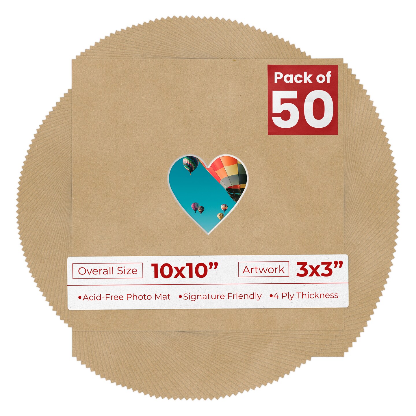 Beige Suede Mat Board for 10x10 Frames - Heart Opening for 3x3 Photos