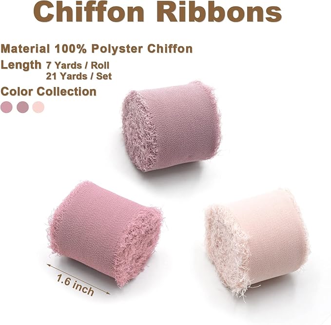 3 Rolls Dusty Rose Handmade Fringe Chiffon Ribbon 1.5 Inch x 7 Yard Silk-Like Ribbon Colorful Rustic Ribbon for Bouquets Wrapping Decor Wedding Invitation Accessories