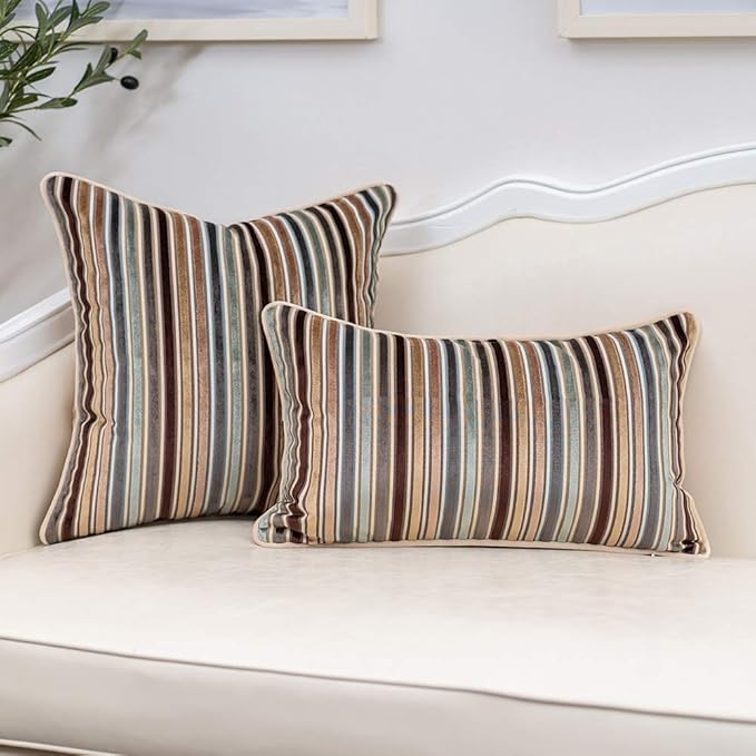 Yangest Brown Striped Throw Pillow Cover Multicolor Velvet Cushion Cover Modern Bohemian Pillowcase for Sofa Couch Bedroom Living Room Home Christmas Decoration,18x18 Inch