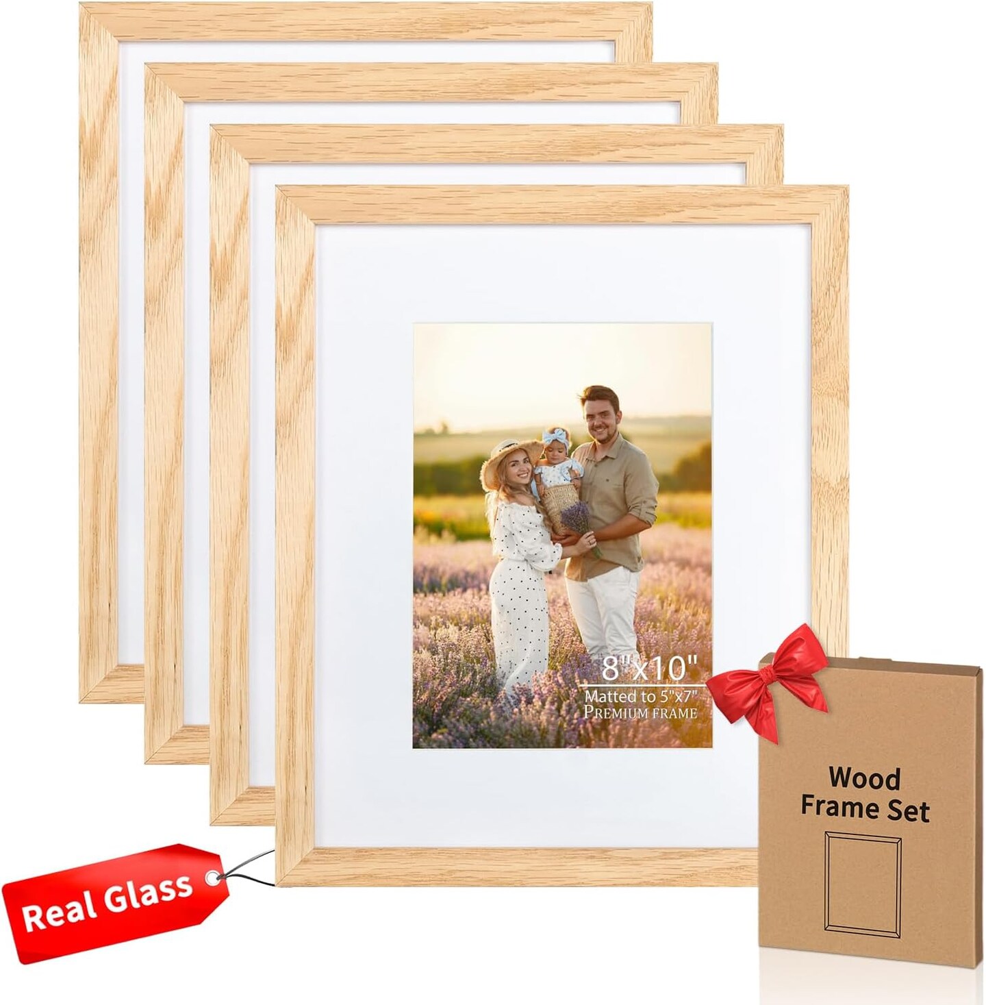 8x10 Picture Frame with Mat Set of 4,Solid Oak Wood 8 x 10 Photo Frame