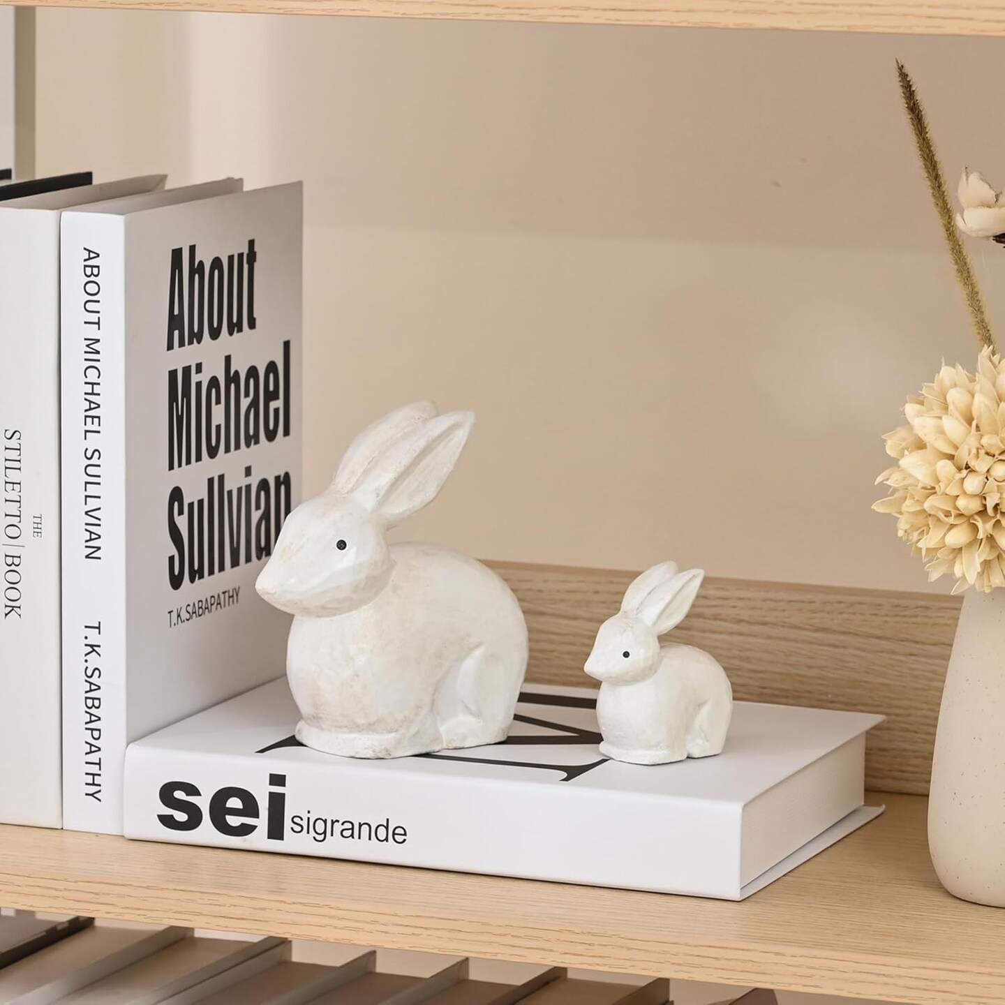 Wooden Rabbit Decor, White Bunny Decor Rabbit Figurines Set of 2