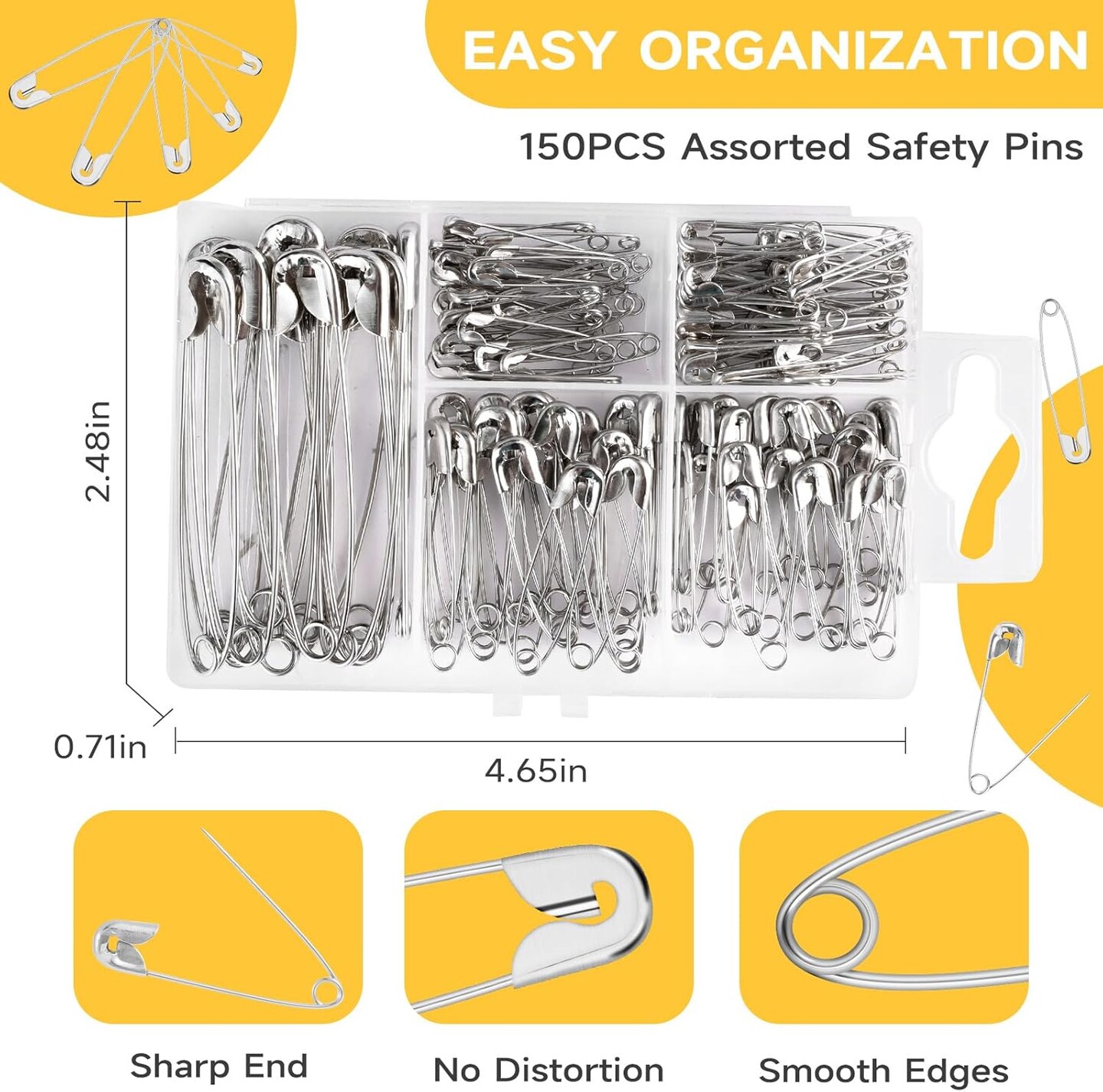 Safety Pins Assorted, 5 Different Sizes Small and Large Pin