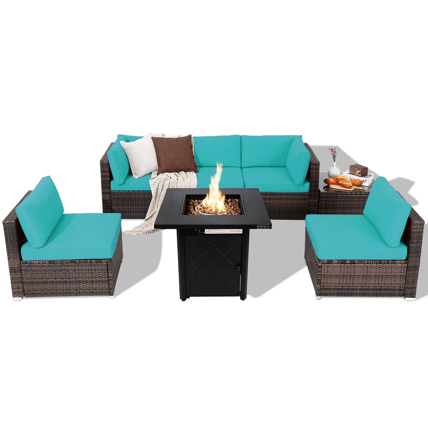 Costway 7 PCS Patio Furniture Set with 28" 50000 BTU Propane Gas Fire Pit Table Cushions Red/Turquoise/Off White