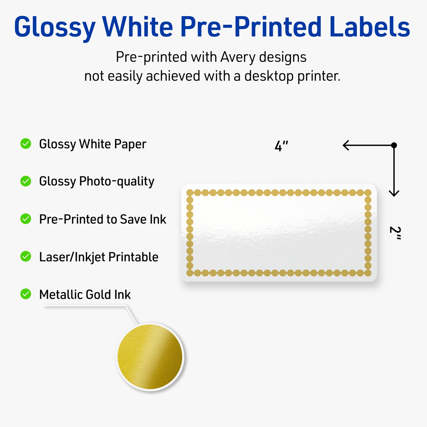 Avery Printable Rectangle Labels, Gold Beads, 2&#x22; x 4&#x22;, Glossy White Rectangle Labels, Permanent, Laser/Inkjet, 100ct, Great for Product Labels
