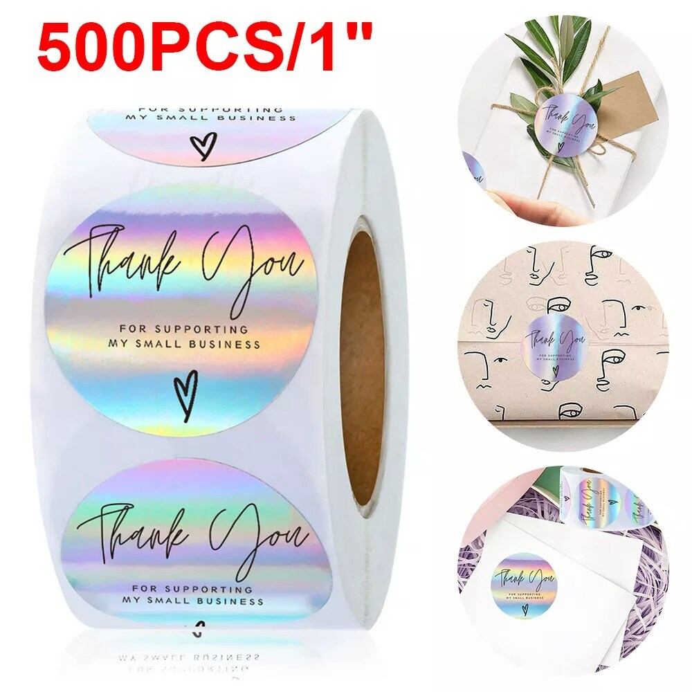 500Pcs Self-Adhesive Thank You Stickers for Small Business Rainbow Holo Stickers