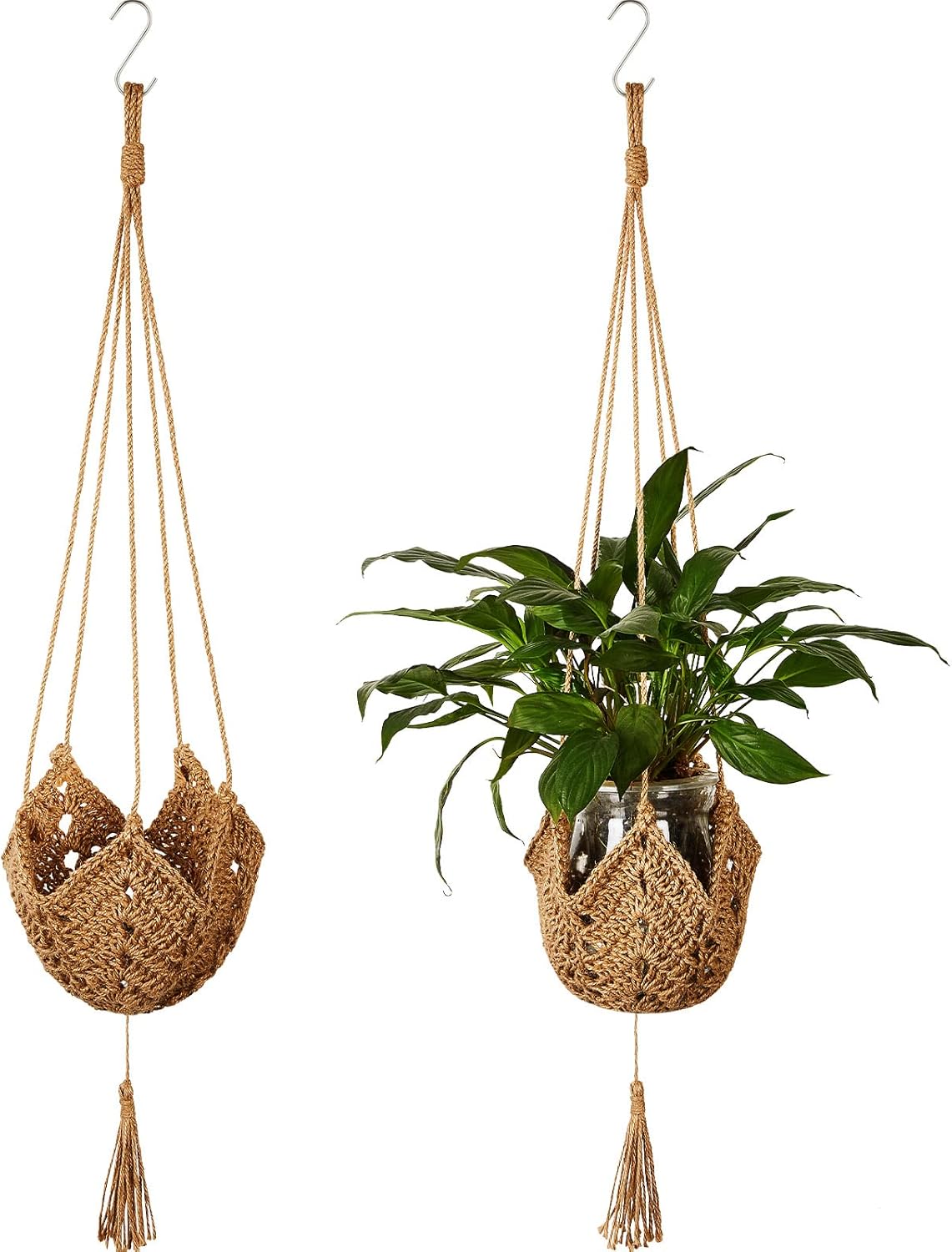 2 Packs Jute Crochet Long Plant Hanger for 3 Inch to 12 Inch Pots, Macrame Plant Holder Rope with 2 S Shaped Hooks for Halloween Home Decor(Brown)