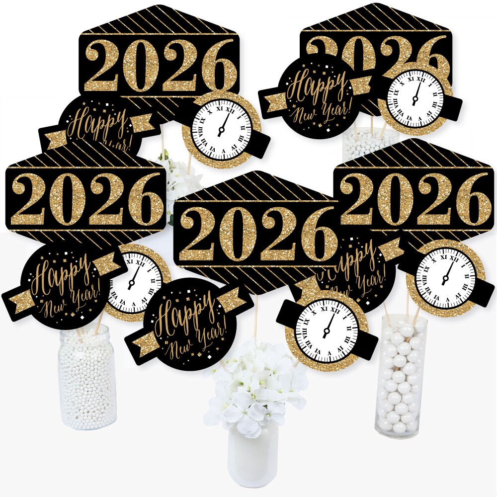 Big Dot of Happiness New Year's Eve - Gold - 2026 New Years Eve Party Centerpiece Sticks - Table Toppers - Set of 15