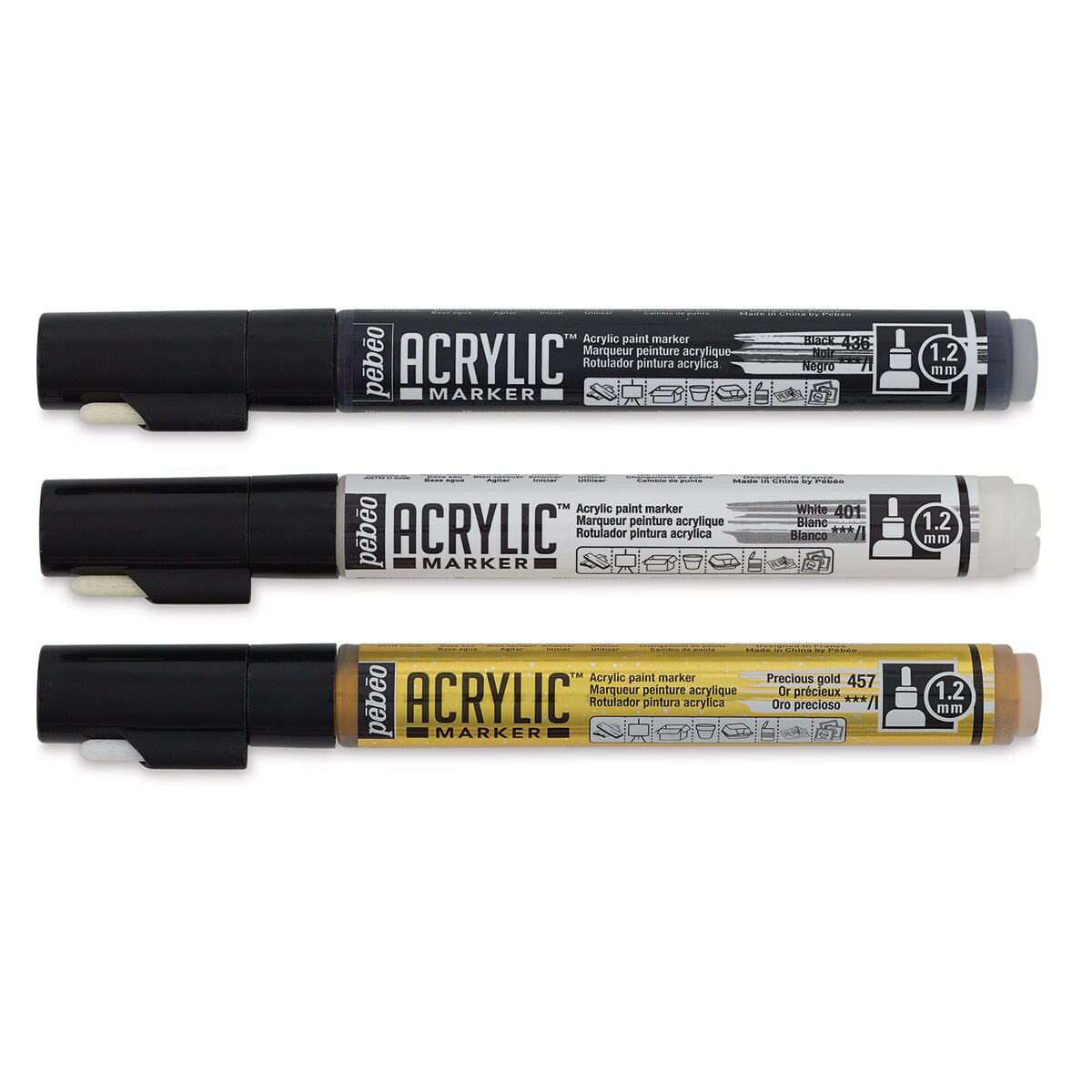 Pebeo Acrylic Marker - Set of 3, Black, White, and Gold, 1.2 mm, Bullet Nib