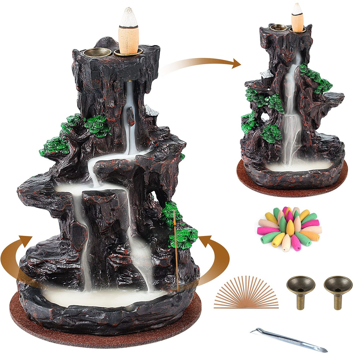 Incense Burner, Backflow Holder Waterfall 2 Sides, with 120 Cones, 30 Sticks, Aromatcherapy Ornamen
