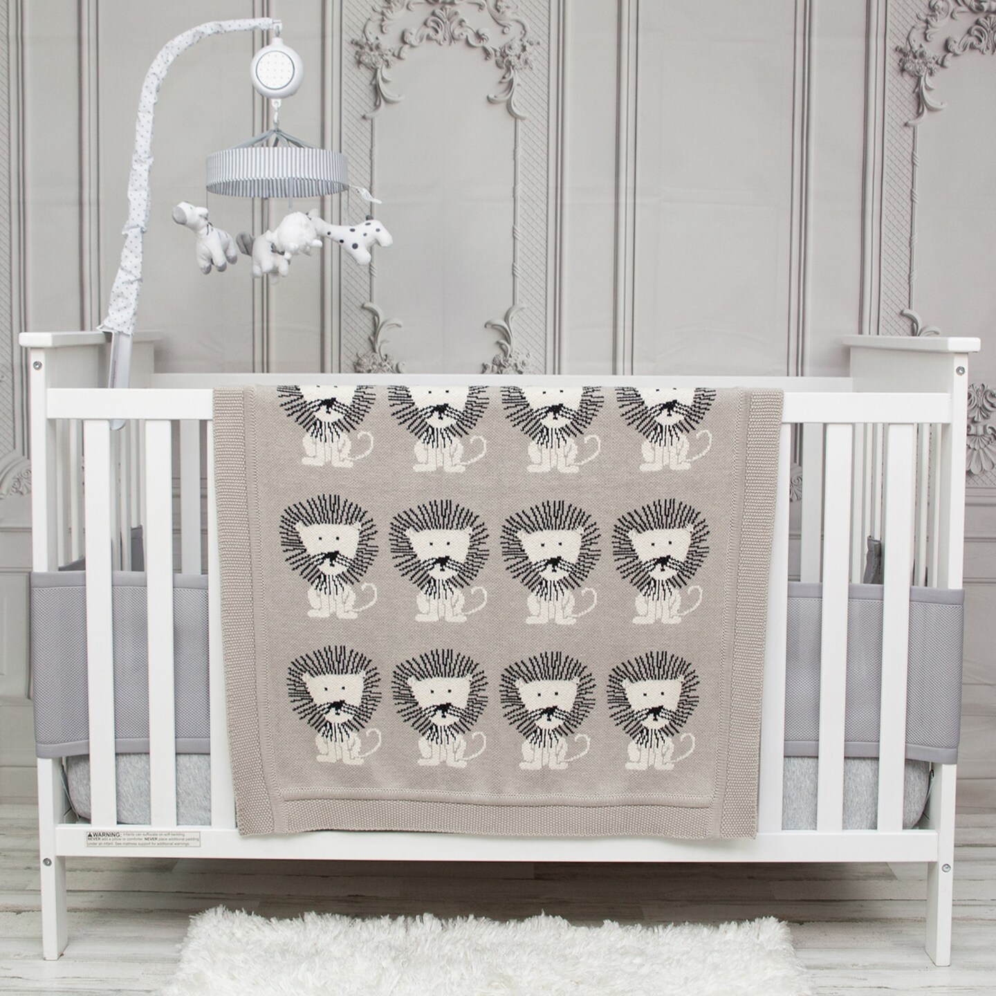 Nassau Collection Knitted Sitting Lion Rectangular Cotton Baby Throw Blanket - 32&#x22; x 40&#x22; - Gray and Cream
