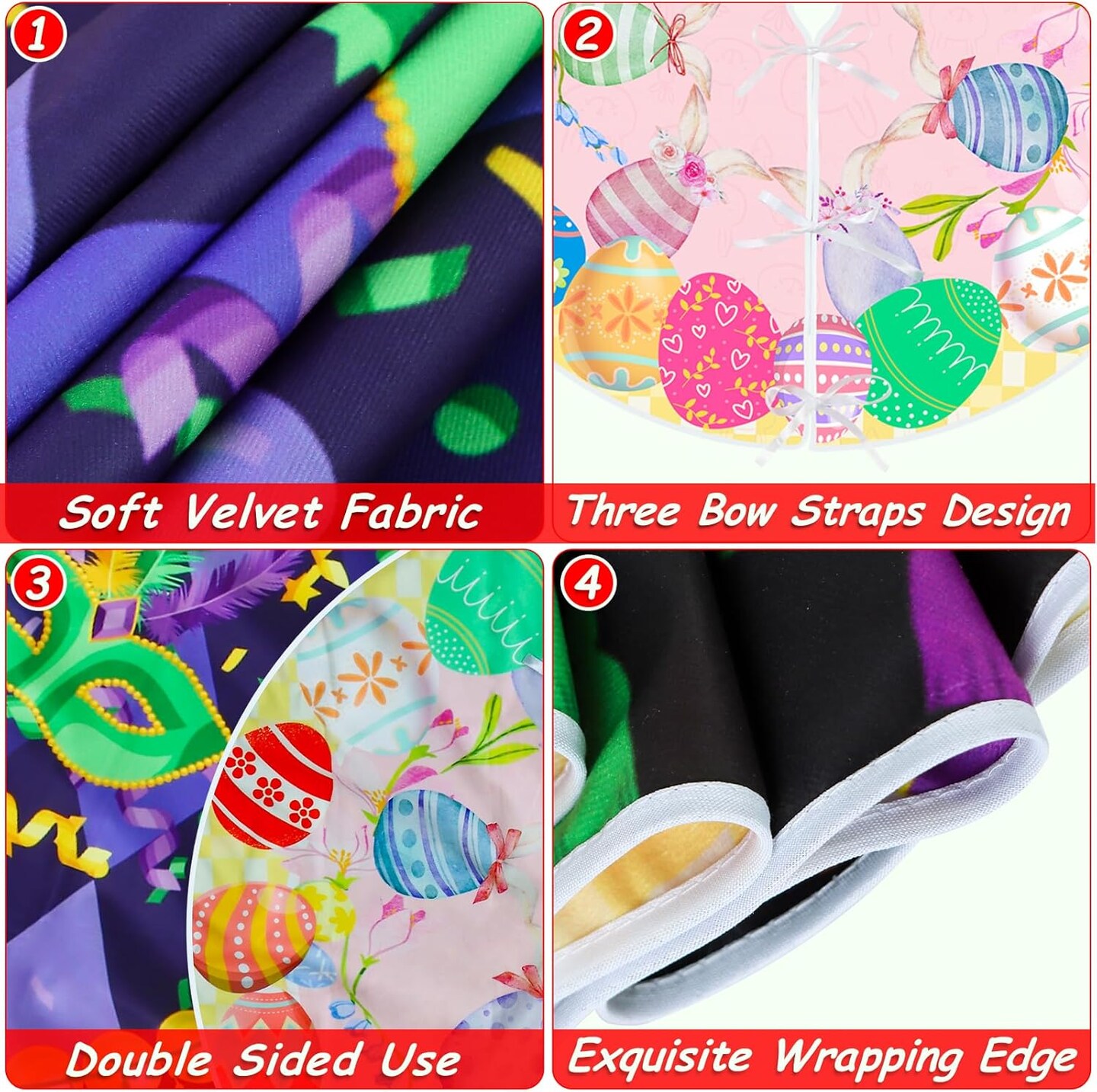 36 Inch Mardi Gras Tree Skirt Carnival Tree Skirt Easter Tree Skirt Double Sided Mat with Masquerade Mask Feather Easter Bunny Eggs Pattern Christmas Tree Skirt for Holiday Decoration (36")