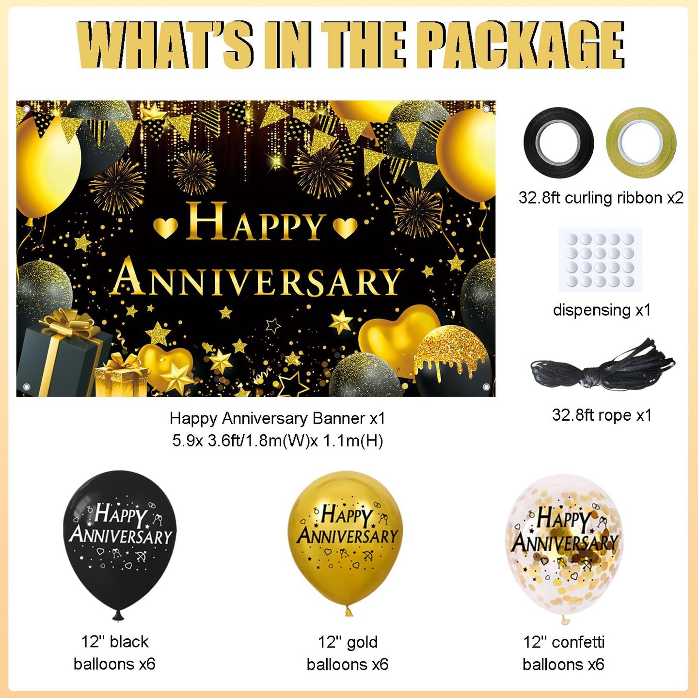 Happy Anniversary Decorations Kit - 5.9x3.6Ft Banner & 18PC Black & Gold Balloons (Black, Gold)