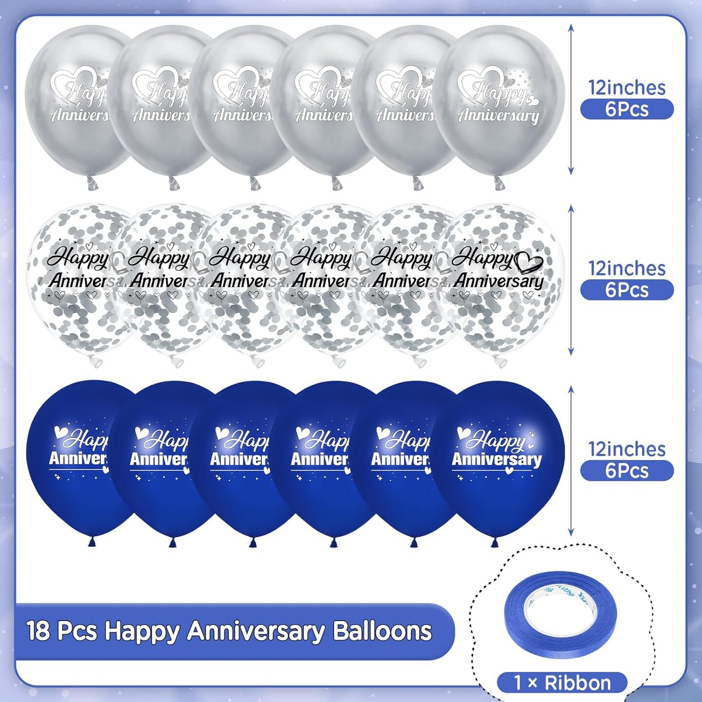 Happy Anniversary Balloons 18Pcs Blue Silver Party Decorations for Women Men 12Inch Metallic Confetti Balloons for Indoor Outdoor Party Supplies