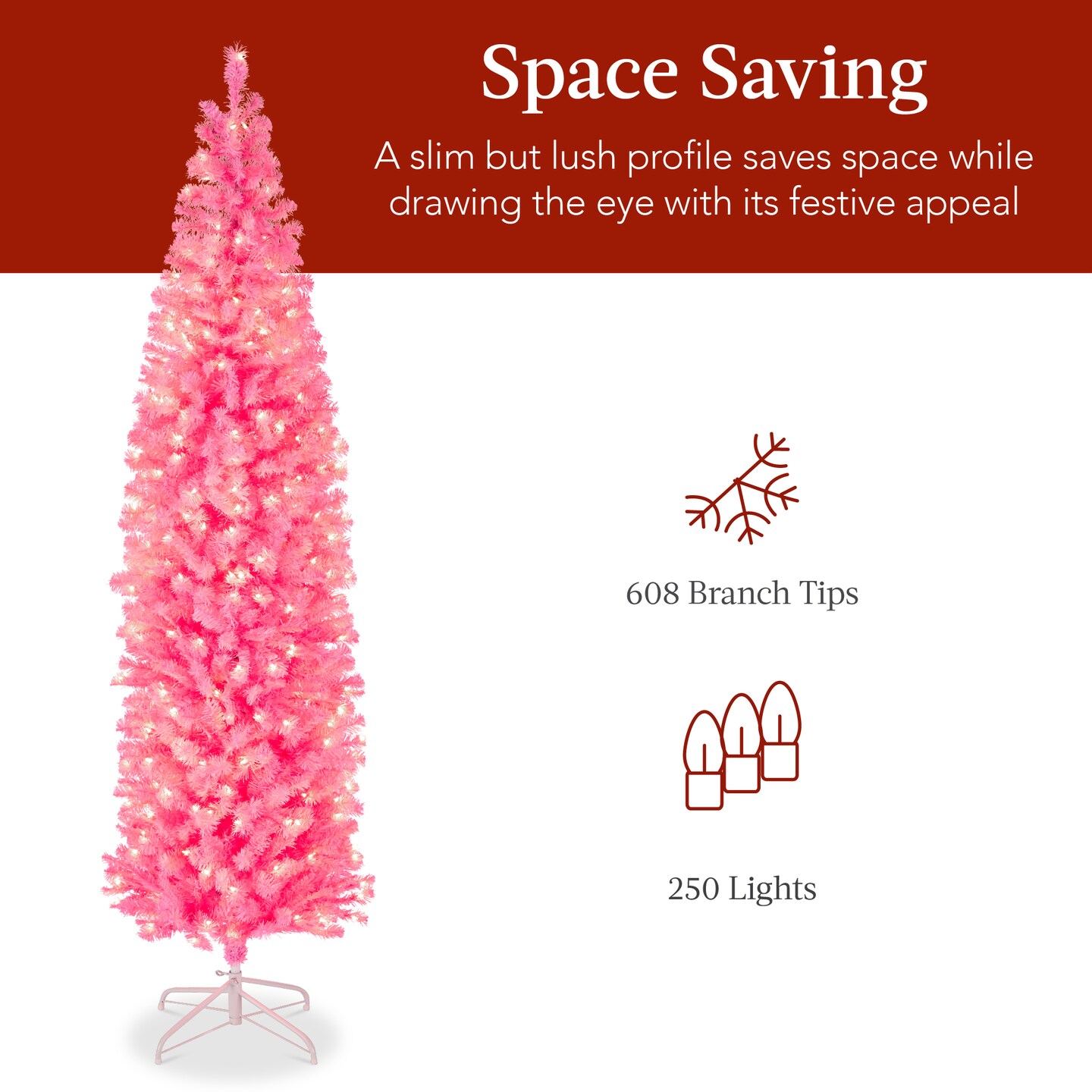 Best Choice Products Pre-Lit Pink Artificial Christmas Tree, Holiday Pencil Tree w/ Metal Stand