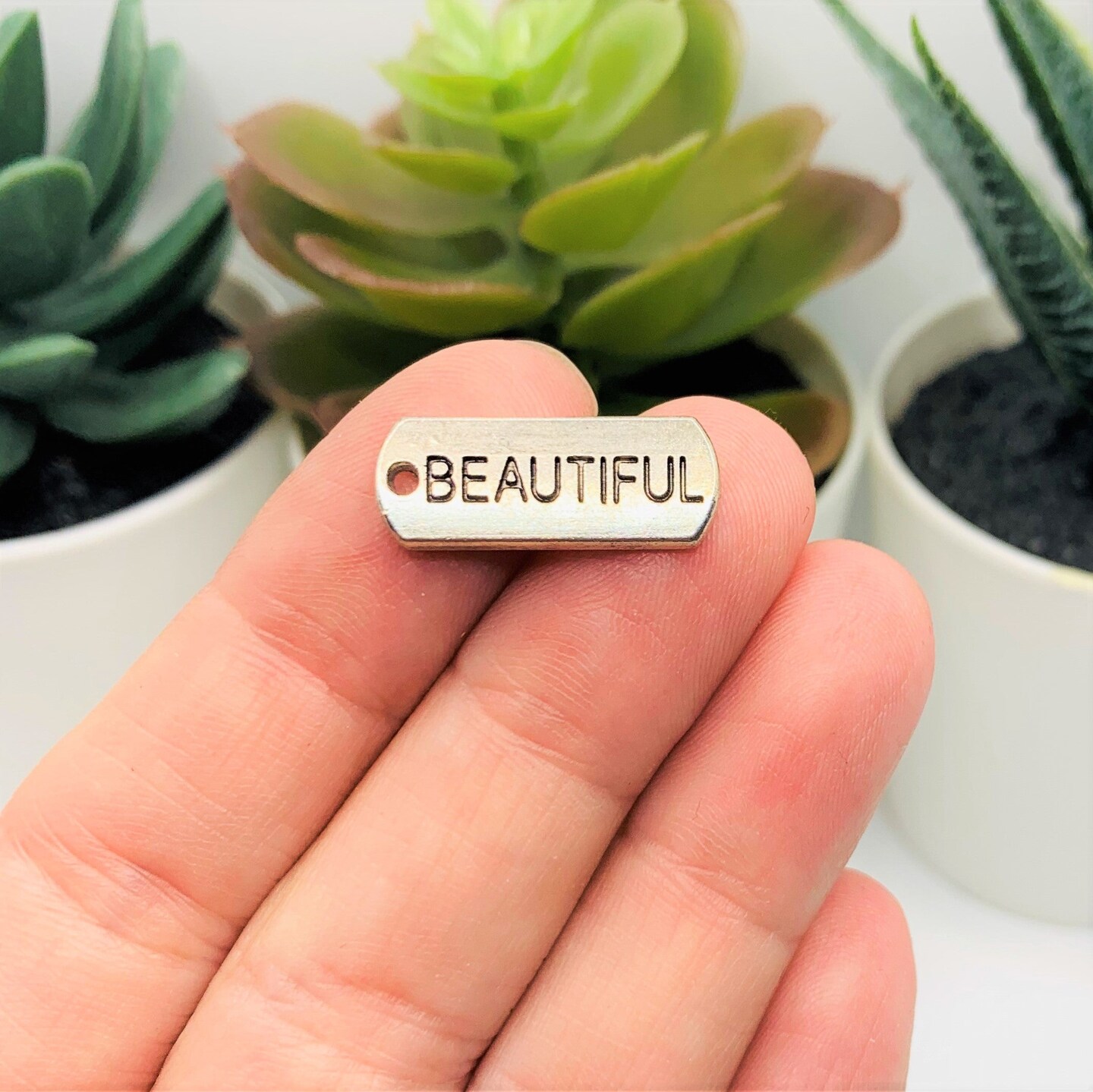 Silver Beautiful Word Bar Tag Charms, 8x21mm