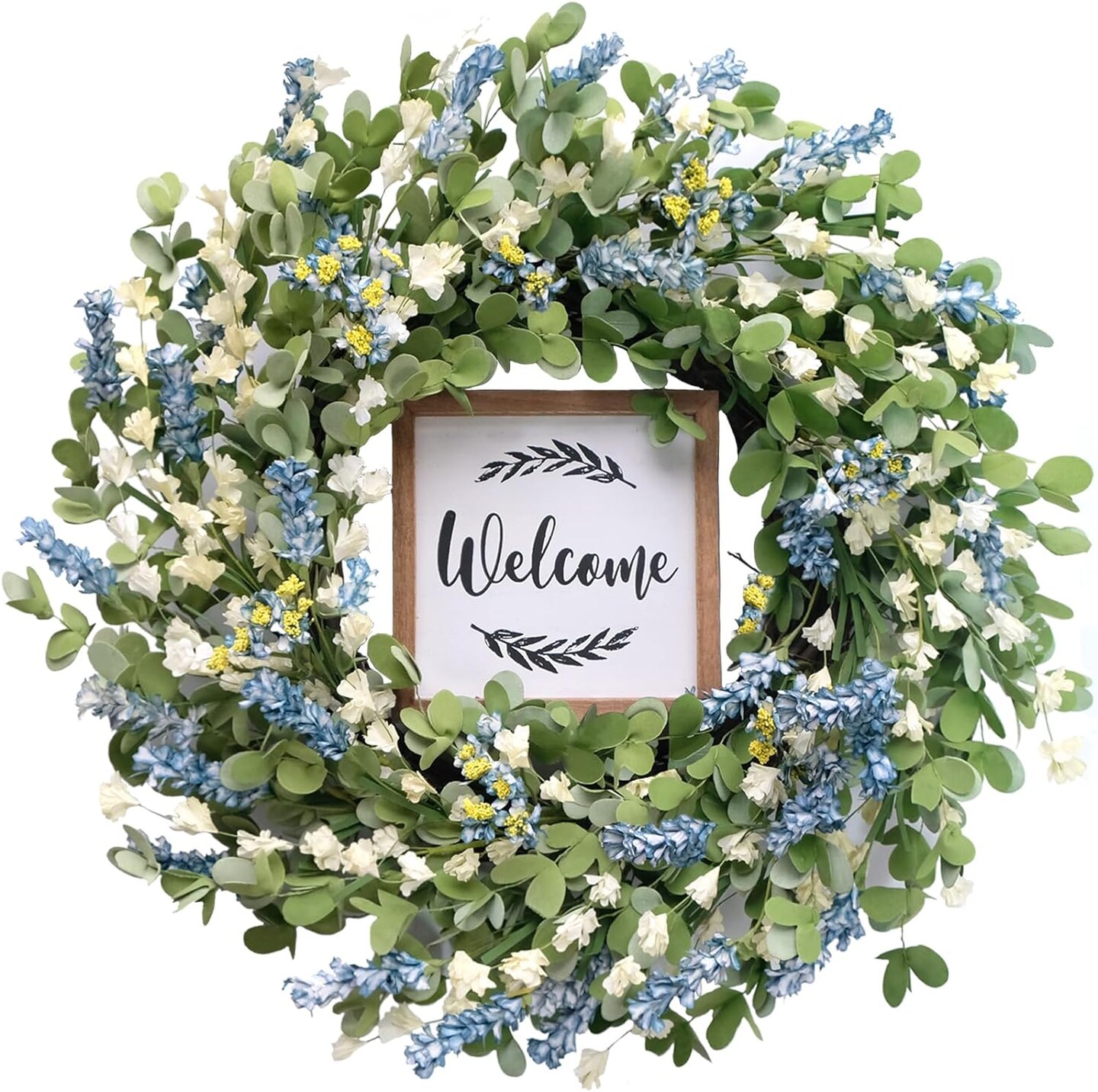 Artificial Leaves and White Flowers Spring Greenery Wreath