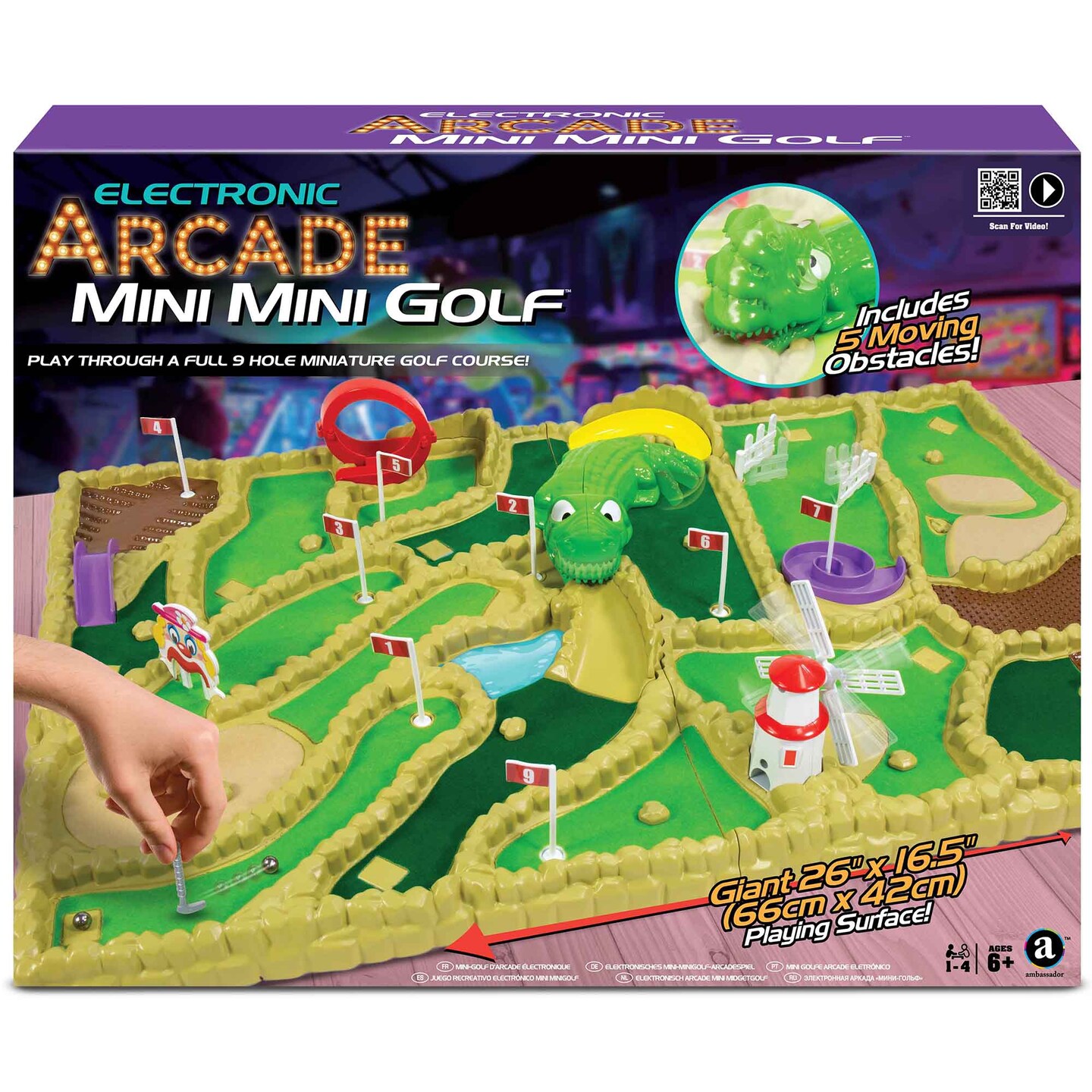 Ambassador Games: Electronic Arcade Mini Mini Golf - Giant 26x16.5&#x22; Playing Area, Tabletop 9 Hole Course, 5 Moving Obstacles, Adult-Kid 6+, 1-4 Player