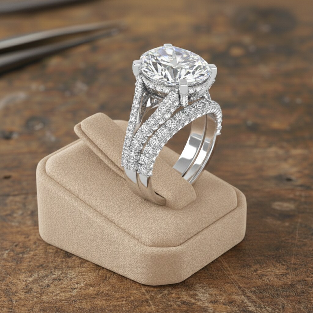 Large Oval Natural Diamond Wedding Ring Set with Band Authentic