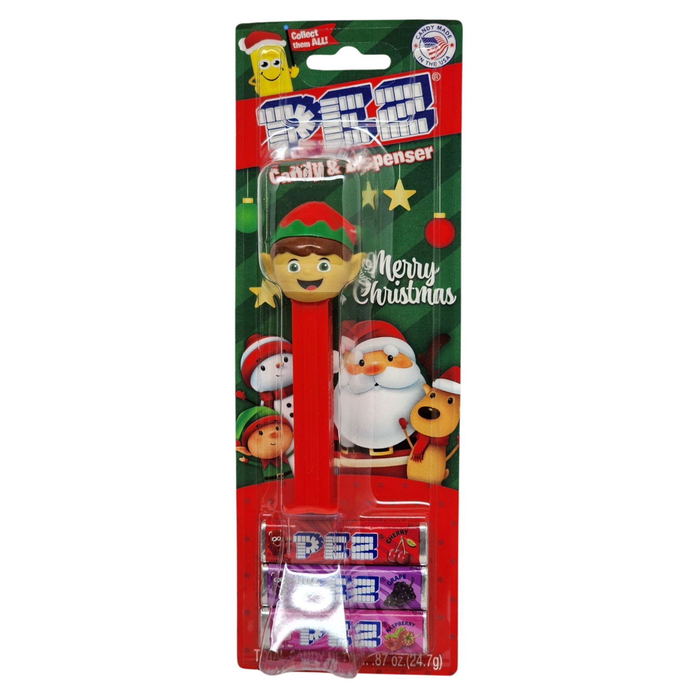 Christmas Pez Dispenser with 3 Rolls of Candy - Elf with Red Base