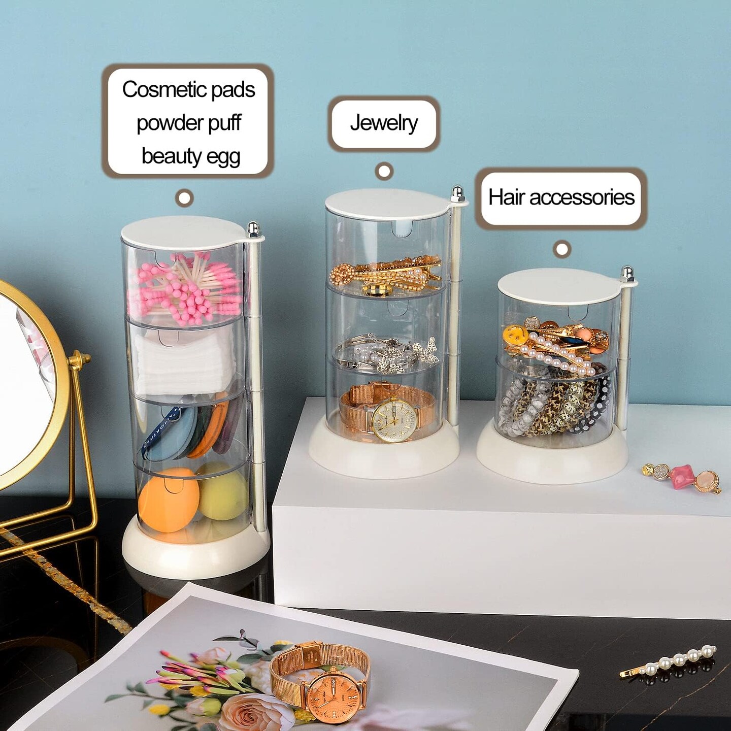 3 Layer Clear Jewelry Organizer, 360° Rotatable Acrylic Hair Accessory Organizer, Hair Clip and Tie, Earring Holder Storage for Bathroom Vanity Countertop