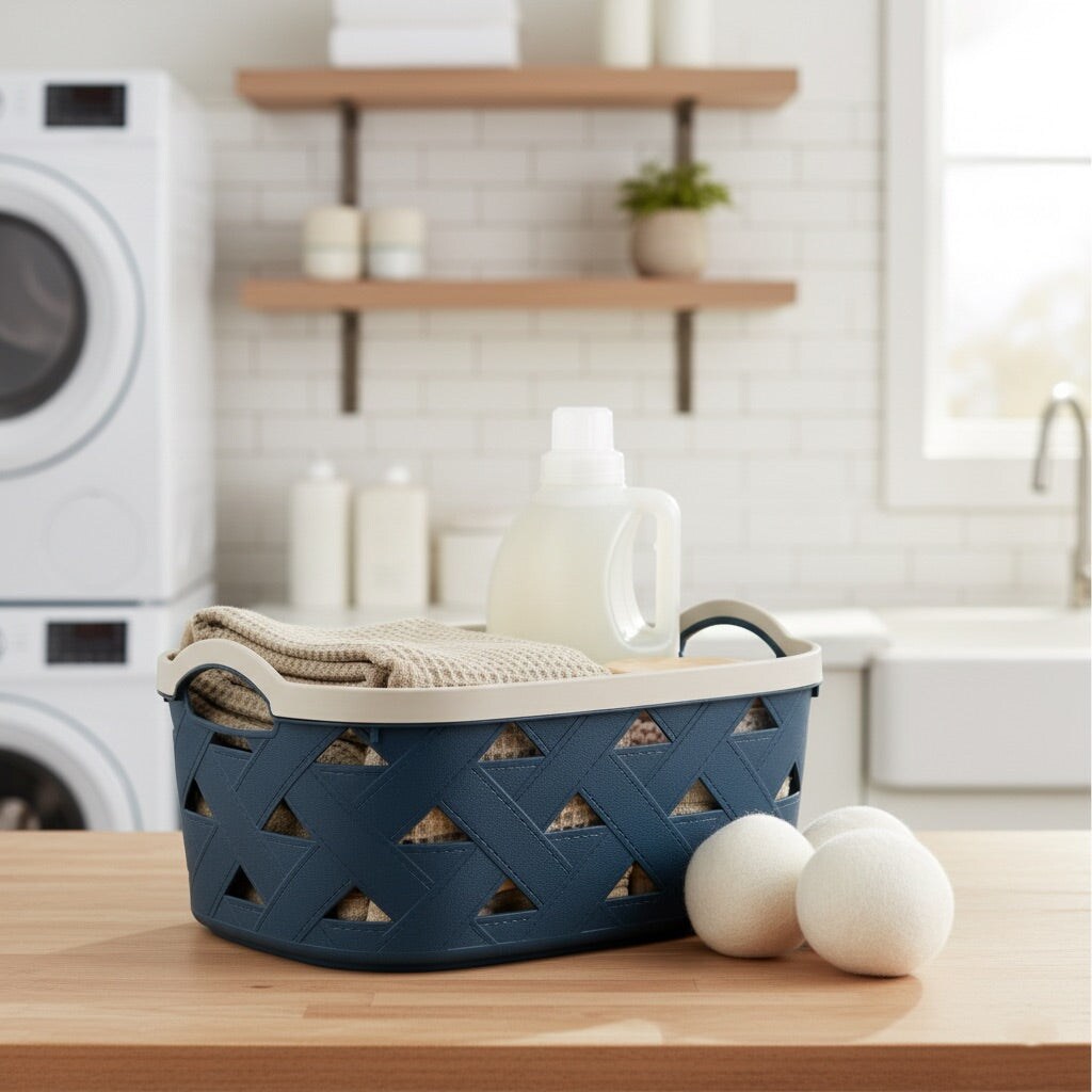 Organizing Essentials Plastic Storage Basket Set of 3 – Blue & Cream Decorative Bins with Handles for Bathroom, Kitchen, or Living Room – Designer Leather Pattern Organizer Baskets, 10.6L Each