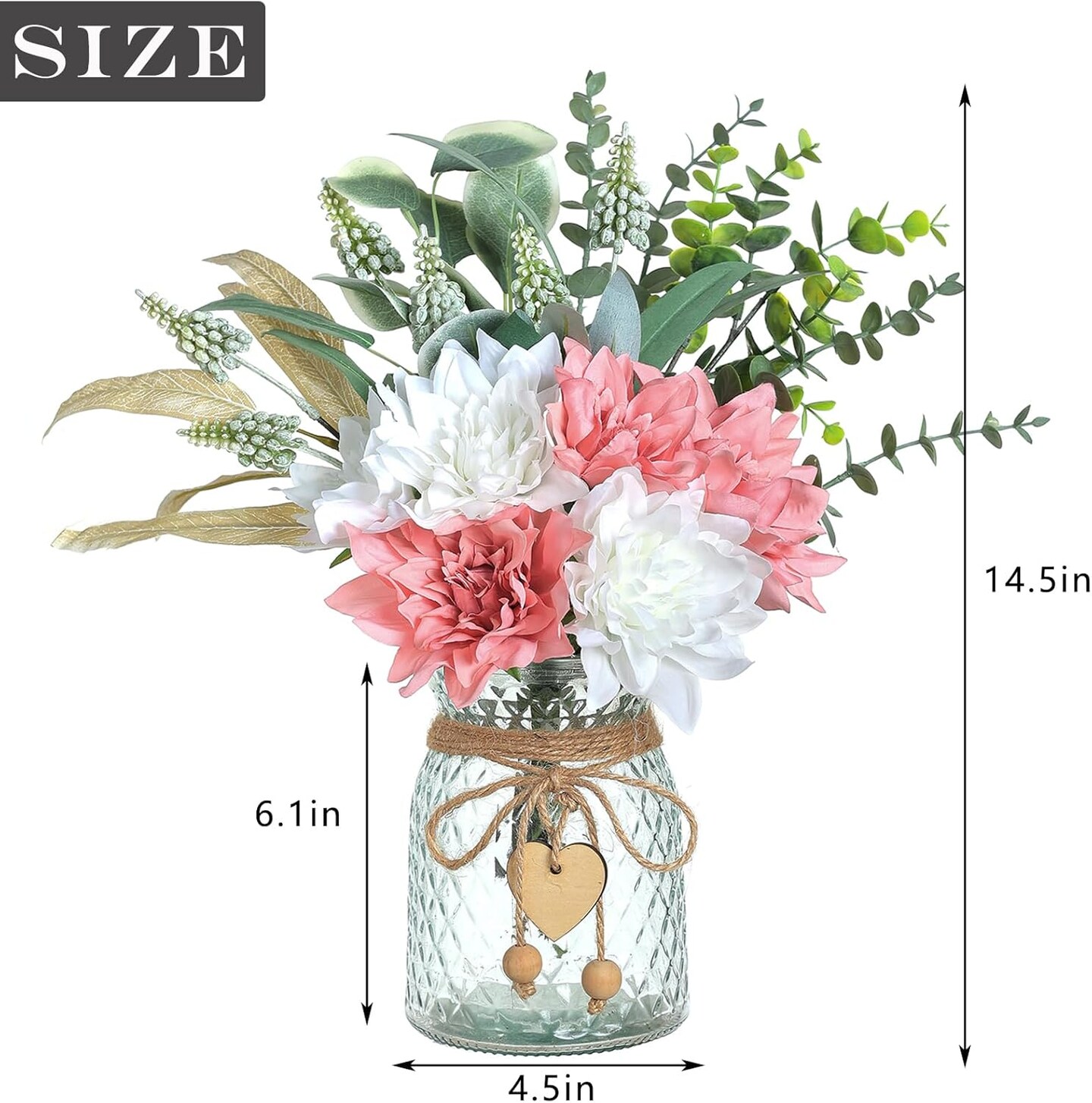 Spring Tabletop Decor – Faux Silk Flower Arrangement with Vase, Dusty Pink Dahlia, Eucalyptus & Willow Artificial Bouquet for Dining Table, Coffee Table & Home Decor