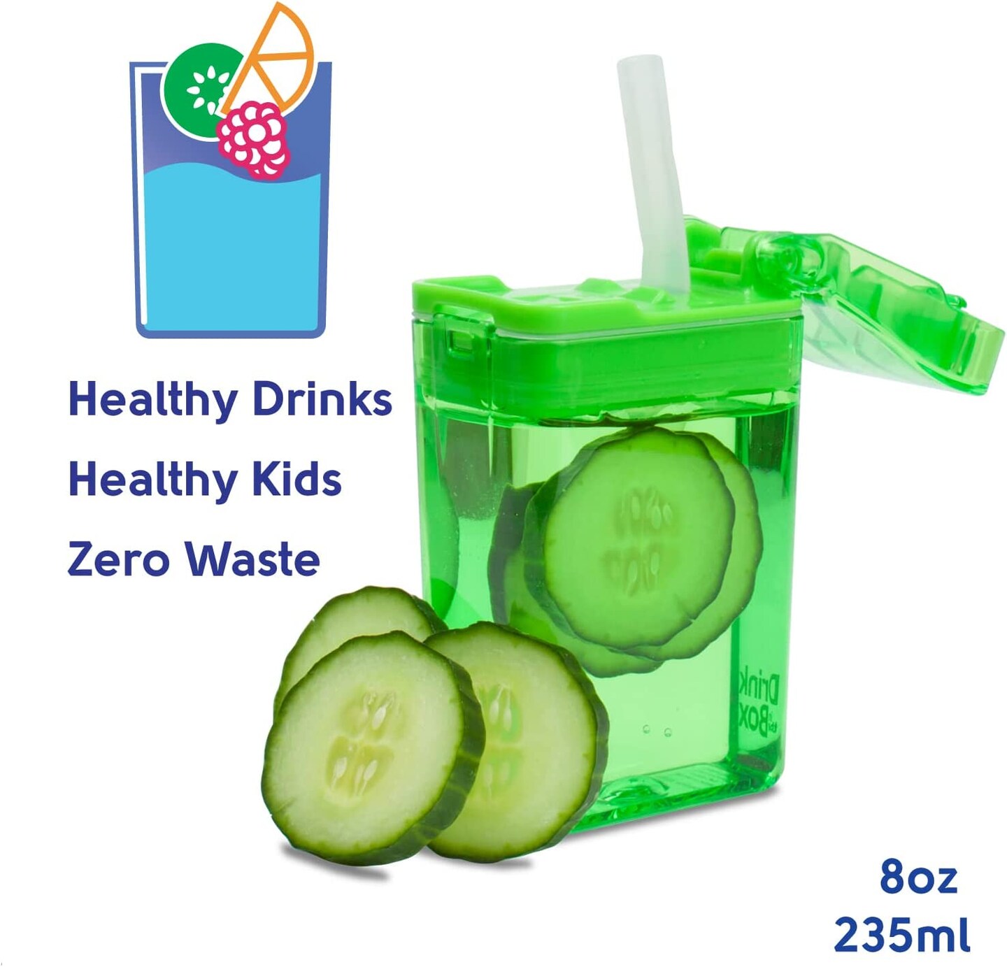 Precidio Design Drink in the Box Eco-Friendly Reusable Juice Box Container, 8 ounce, Blue