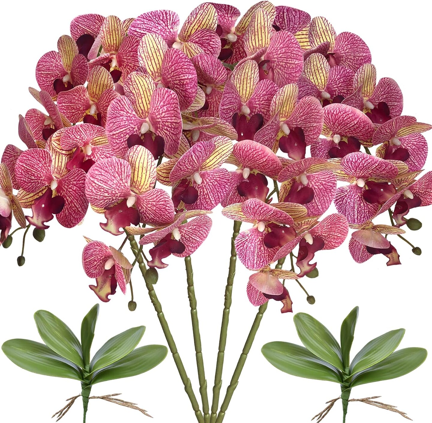 32&#x22; Artificial Phalaenopsis Flowers 4 Pcs with 2 Bundles Leaves Artificial Orchid Flowers Stem Plants Fake Butterfly Phalaenopsis Flowers for Home Wedding Party D&#xE9;cor (Purple Dapple)