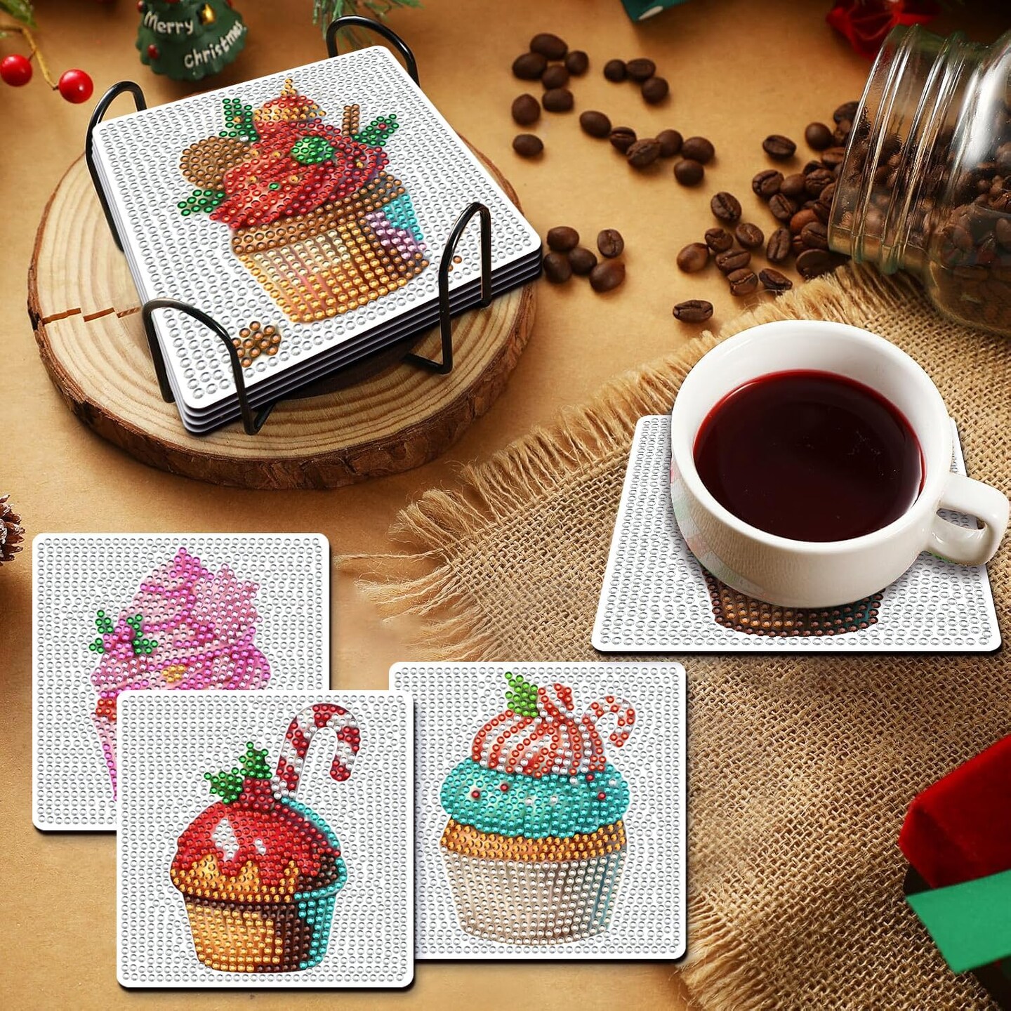 8 Pcs DIY Diamond Art Painting Christmas Cupcake Coasters with Holder, Christmas Style Coasters Diamond Art Kits for Adults Beginners. Diamond Craft Supplies Coasters for Drinks
