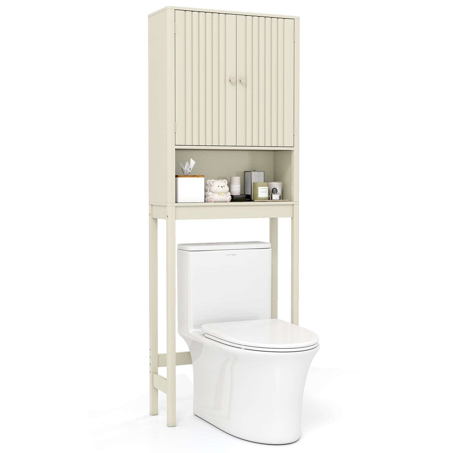 Beige MDF Over-The-Toilet Storage Cabinet with Adjustable Shelves and Fluted Doors