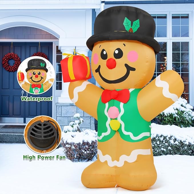 GOOSH 5 FT Christmas Inflatables Gingerbread Man with Built-in LEDs