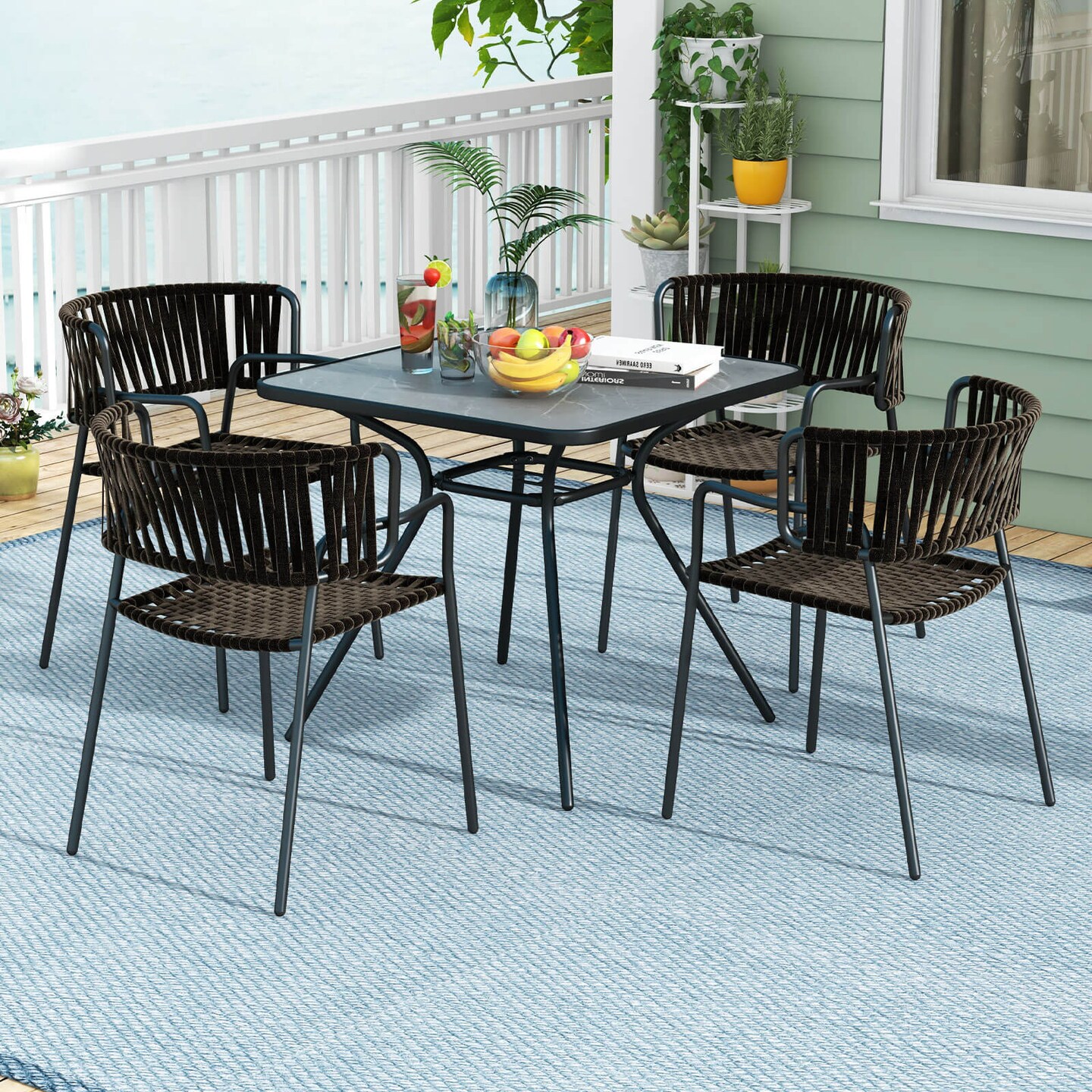 Costway Outdoor Dining Table 32'' x 32'' Patio Bistro Table with Umbrella Hole for 4 Persons