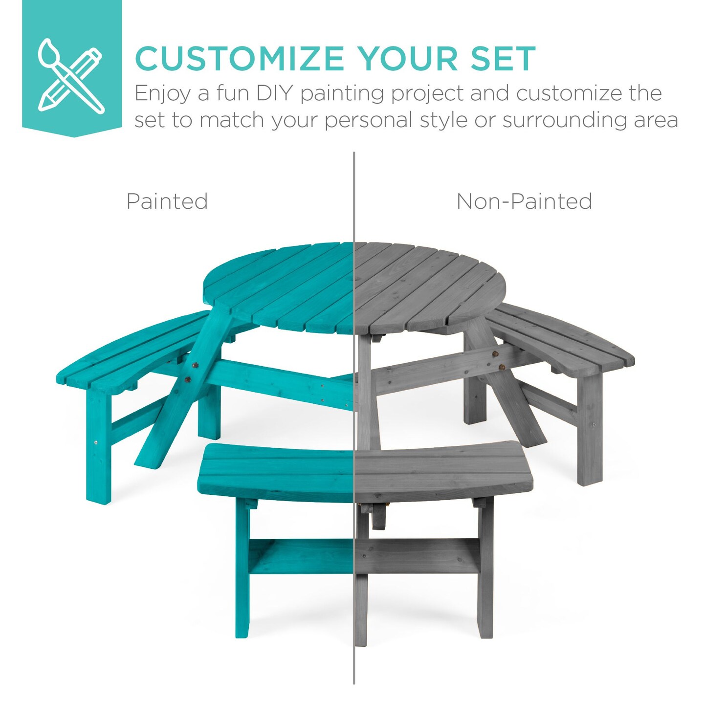 Best Choice Products 6-Person Circular Outdoor Wooden Picnic Table w/ 3 Built-In Benches, Umbrella Hole