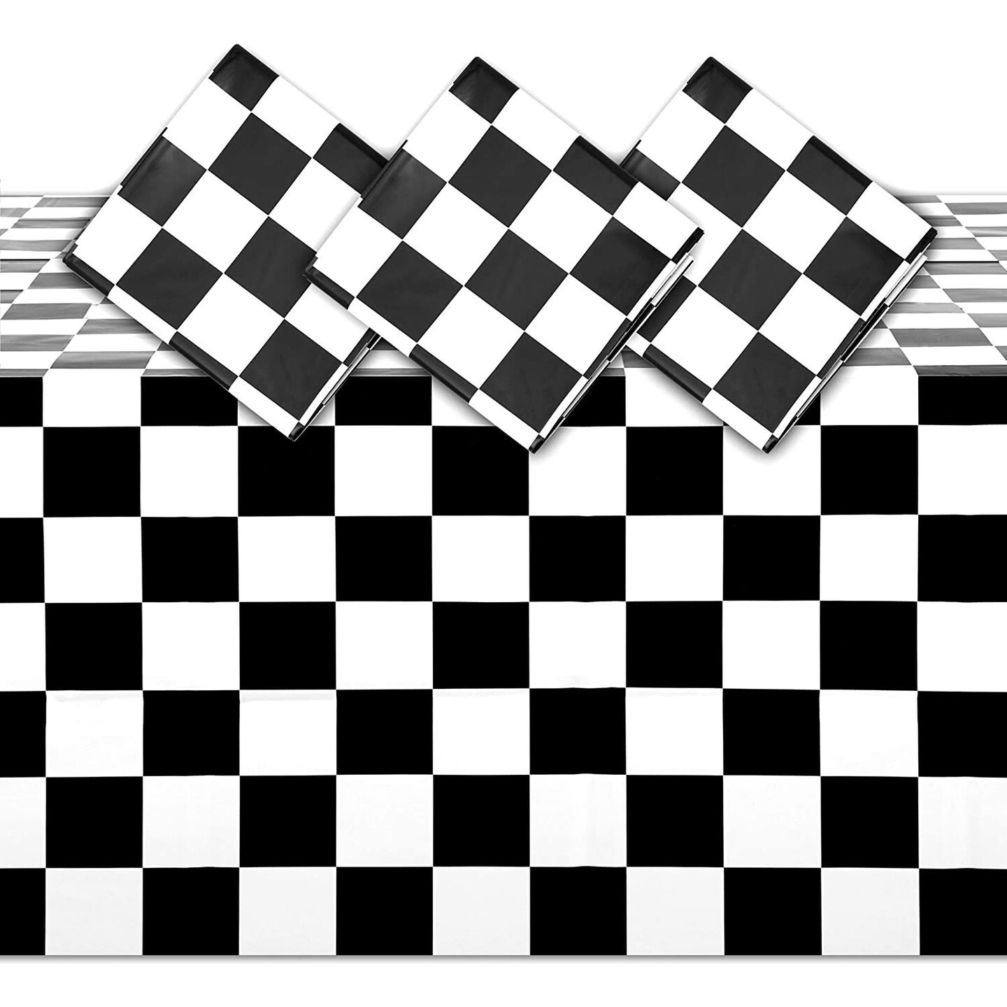 3 Pack Checkered Plastic Tablecloth for Race Car Flag Birthday Party Supplies &#x26; Decorations, Disposable Black and White Table Cloth, 54 x 108 in