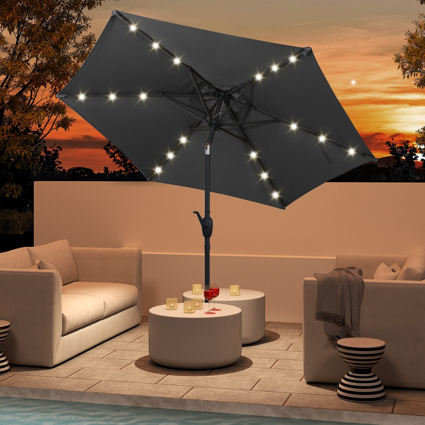 Costway 7.5 ft Solar Powered Patio Umbrella with LED Lights Push Button Tilt Crank Handle Beige/Gray/Navy/Black/Brown/Red